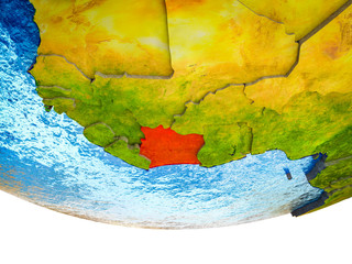 Ivory Coast on 3D Earth with divided countries and watery oceans.