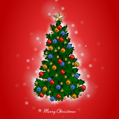 Red christmas card with decorated tree and “Merry Christmas” / Vektor