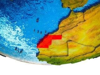 Western Sahara on 3D Earth with divided countries and watery oceans.