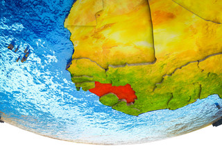 Guinea on 3D Earth with divided countries and watery oceans.
