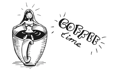 Fotobehang Vrouw neemt bad in kop koffie - Illustratie - handlettering koffie © emieldelange