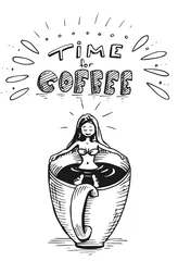 Fotobehang Meisje neemt bad in kop koffie - Illustratie - handlettering koffie © emieldelange