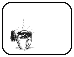 Fotobehang Dame neemt bad in kop koffie - Illustratie - handlettering koffie © emieldelange