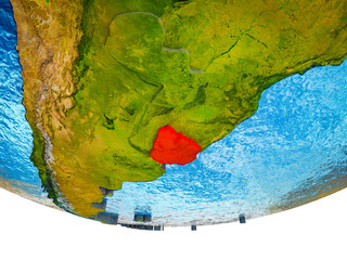 Uruguay on 3D Earth with divided countries and watery oceans.