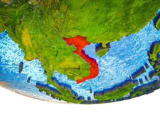 Vietnam on 3D Earth with divided countries and watery oceans.