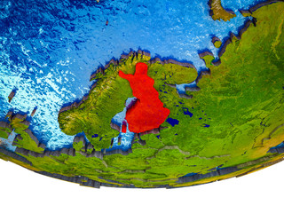Finland on 3D Earth with divided countries and watery oceans.