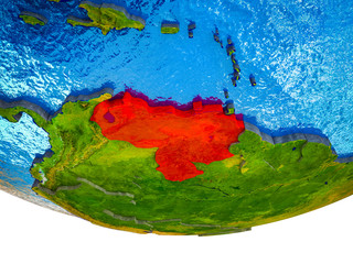 Venezuela on 3D Earth with divided countries and watery oceans.