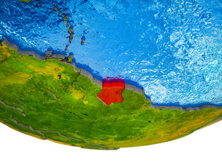 Suriname on 3D Earth with divided countries and watery oceans.