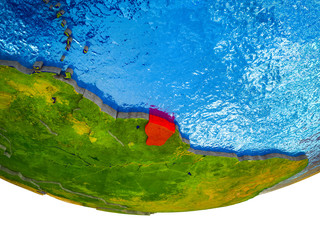 French Guiana on 3D Earth with divided countries and watery oceans.