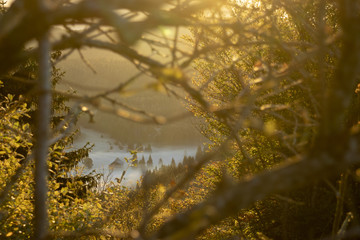 sunrise with fog in valley