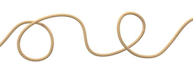 3d rendering of a single twisting natural rope lying unevenly on a white background. - obrazy, fototapety, plakaty