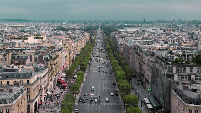 Slow Motion, Champs Elysee avenue, Paris view of the roofs from above.