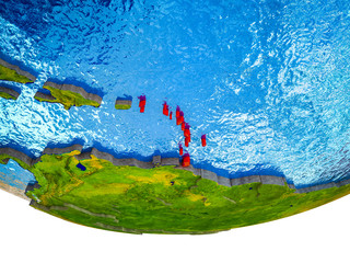 Caribbean on 3D Earth with divided countries and watery oceans.