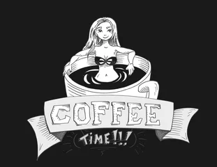 Fototapeten Koffie illustratie - stripfiguur wordt wakker on een kop koffie bad © emieldelange