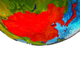 East Asia on 3D Earth with divided countries and watery oceans.