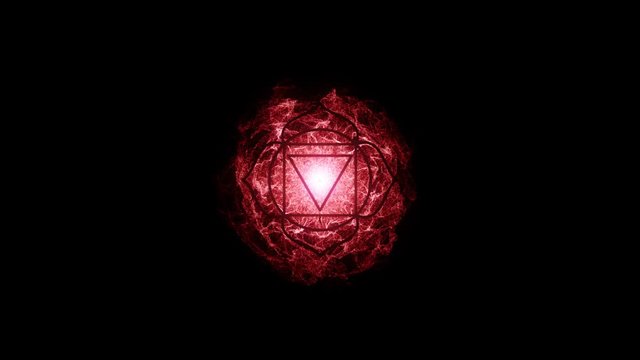 Animated chakra muladhara. The first symbol is red. Lotus in the stroke. Isotherics. Yoga icon. Om sign