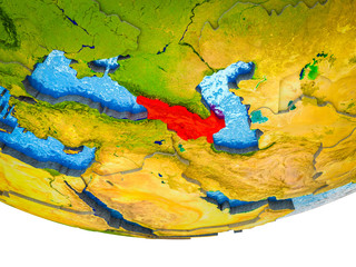 Caucasus region on 3D Earth with divided countries and watery oceans.