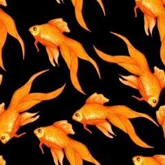 Fotobehang Goudvis Aquarel naadloos patroon met gouden vissen in zwart water