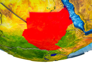 Former Sudan on 3D Earth with divided countries and watery oceans.