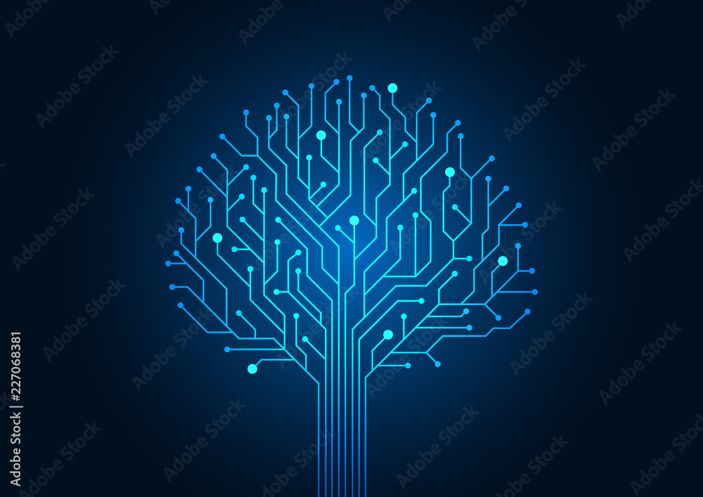 Wall mural circuit board symbol tree shape. abstract background blue color technology concept. vector illustrat