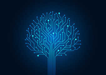 Circuit board symbol tree shape. Abstract background blue color technology concept. Vector illustration dots and lines social network and 