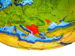 CEFTA countries on 3D Earth with divided countries and watery oceans.