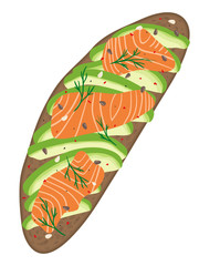 Delicious avocado and salmon sandwich isolated on white background. Fresh dark rye rustic bread loaf with slices of ripe avocado and salmon. Vector hand drawn illustration. 
