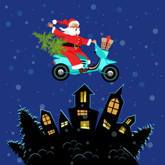 Santa is flying through the sky on a retro scooter over the night city