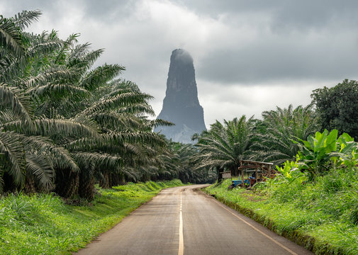 Nature and landscape of Sâo Tomé and Principe. Mountains like Pico Cão Grande. Travel to Sao Tome and Principe. Beautiful paradise island in Gulf of Guinea. Former colony of Portugal.