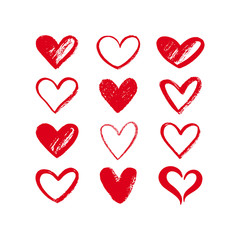 Valentine day illustration. Set, collection of various brush, chalk drawn textured heart shapes, outlines for cards, posters, banners. Uneven, rough, artistic edge. Hand drawn design elements.