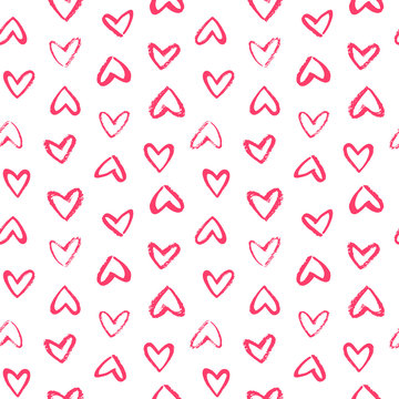Brush drawn doodle style heart shapes, outlines seamless repeat vector pattern. Valentines day artistic painted background. Various, different hand drawn hearts with rough, textured, uneven edge.