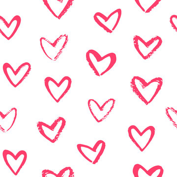 Brush drawn doodle style heart shapes, outlines seamless repeat vector pattern. Valentines day artistic painted background. Various, different hand drawn hearts with rough, textured, uneven edge.