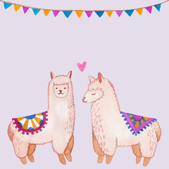 Llama and alpaca collection of cute hand drawn watercolor illustrations, cards and design for nursery design, poster, greeting card. Llamas or alpacas clip-art. Cute animals watercolor illustration.