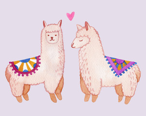 Llama and alpaca collection of cute hand drawn watercolor illustrations, cards and design for nursery design, poster, greeting card. Llamas or alpacas clip-art. Cute animals watercolor illustration.