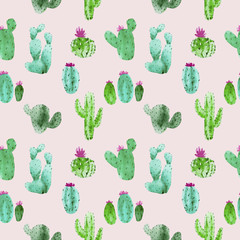 Pattern of watercolor cactus, succulent, illustration on pink background. Natural watercolor design elements, botanical collection. Design for textile, fabric, print, wrapping, paper.Seamless pattern