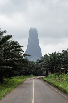 Nature and landscape of Sâo Tomé and Principe. Mountains like Pico Cão Grande. Travel to Sao Tome and Principe. Beautiful paradise island in Gulf of Guinea. Former colony of Portugal.