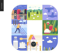 Simple things - color set - flat cartoon vector illustration of town houses, canal bank, landscape, sheep, two birds, skier, snow, milk, coffee, clock tower, clouds and tee meal - colour composition