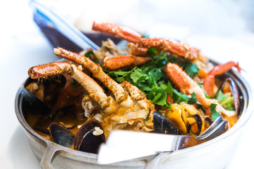 closeup mix seafood soup pot