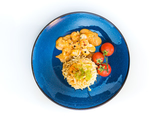 Pasta with Scallops Dinner Dish on a the table