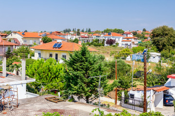 Solar panel, water heater on house roof, green energy
