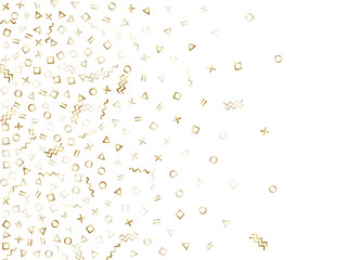 Memphis style geometric confetti vector background of triangle circle square shapes, chevron wavy lines.