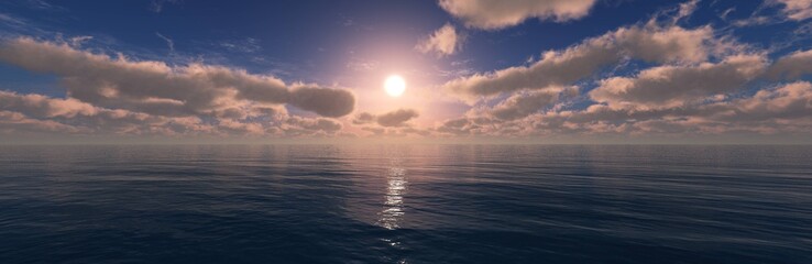 Obraz premium Beautiful sea sunset, panorama of ocean sunrise, clouds and the sun over the water, 