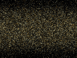 Gold sparkles glitter dust metallic confetti on black vector background.