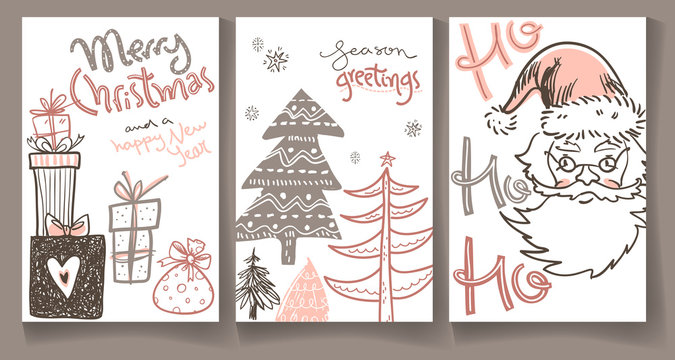 Collection of winter greeting cards with doodle hand drawn Santa