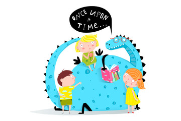 Fairy tale dragon reading a book to children cartoon.