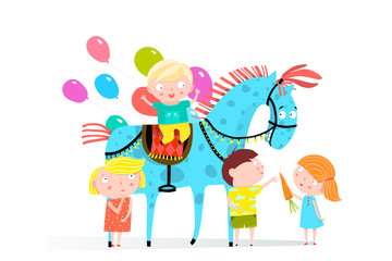 Fun Group of little kids playing with circus horse and balloons.