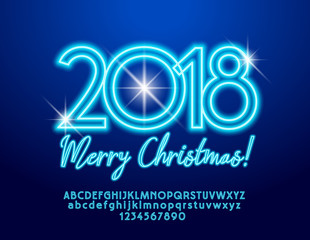 Vector chic Neon Greeting Card Merry Christmas 2019. Calligraphic set of Alphabet Letters and Numbers. Stylish Blue Font.