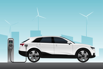 Electric SUV is charging from the charging station. Vector illustration EPS 10