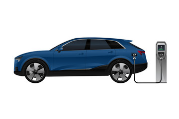 Blue electric SUV is charging from the charging station. Vector illustration EPS 10