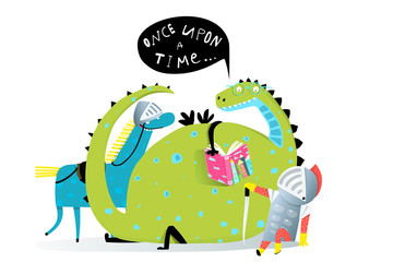 Fototapeta premium Fairy tale funny dragon and knight fairy tale story.